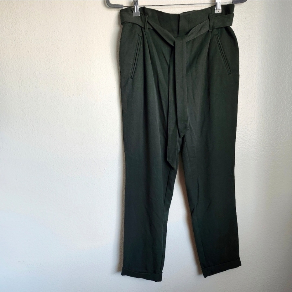 ZARA Paperbag Waist Trousers XS Green High Rise Belted Pants